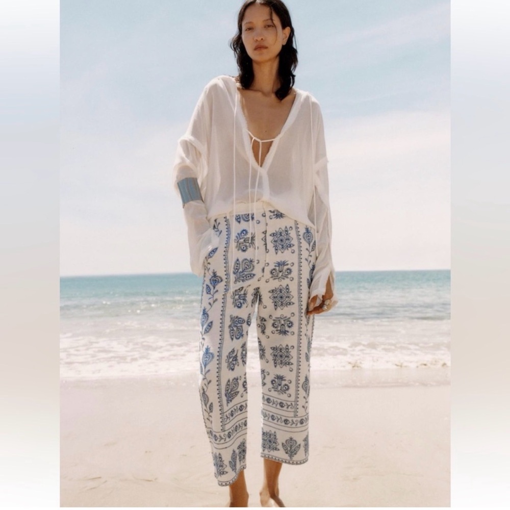 Zara linen embroidered culotte wide-leg pants